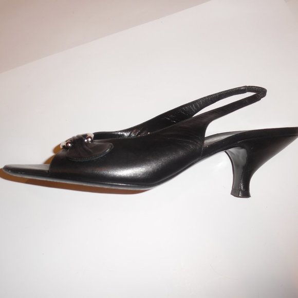 Salvatore Ferragamo Black Leather Kitten Heels Buckle Gancini Sandals Shoes - Picture 2 of 15